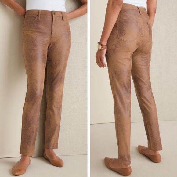 (14 petite) Chico’s Tan Faux Suede 5 Pocket Slim Leg Pants - Picture 3 of 5